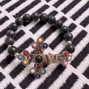Black beaded stretch bracelet with multi-colored beaded silver cross - like new